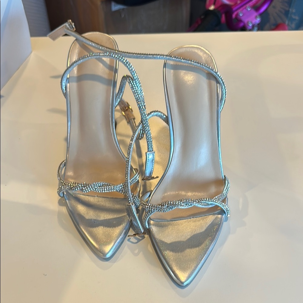SHEIN Silver Strappy Heels with Metallic Finish
